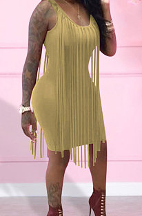 Sexy Nigh Club Cotton Blend Sleeveless Tassel Bodycon Solid Color Tank Hip Dress LM88832