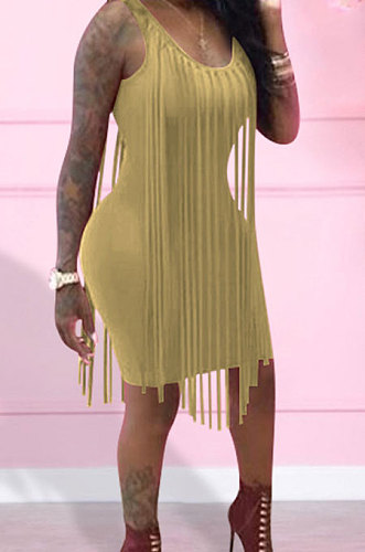Sexy Nigh Club Cotton Blend Sleeveless Tassel Bodycon Solid Color Tank Hip Dress LM88832