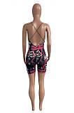 Women Milk Solk Printing Backless Condole Belt Romper Shorts NK271