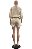 Hot Sales Women Half Sleeve Lapel Neck Single-Breasted Waisted Bandage Solid Color Romper Shorts H1799