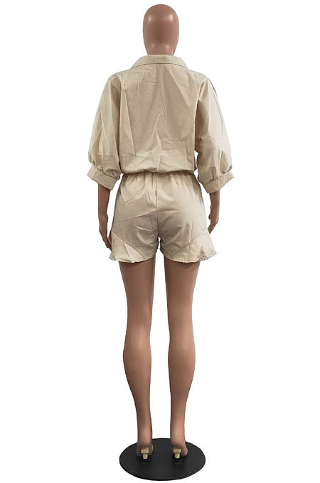 Hot Sales Women Half Sleeve Lapel Neck Single-Breasted Waisted Bandage Solid Color Romper Shorts H1799