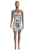 Women Milk Solk Printing Backless Condole Belt Romper Shorts NK271
