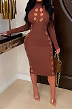 Euramerican Trendy Hollow Out Long Sleeve Sexy Hip Midi Dress CCY9604