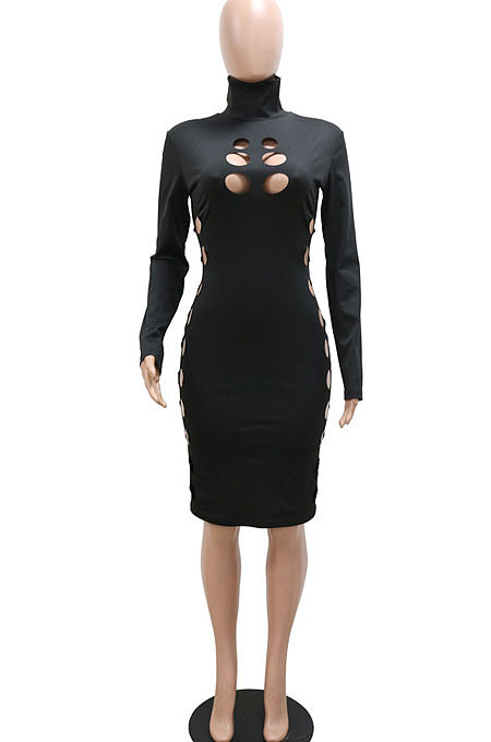 Euramerican Trendy Hollow Out Long Sleeve Sexy Hip Midi Dress CCY9604