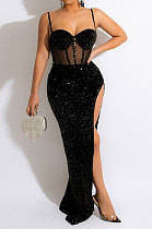 Euramerican Fashion Sexy Condole Belt Collect Waist Perspectivity High Split Backless Hip Long Dress CCY9587