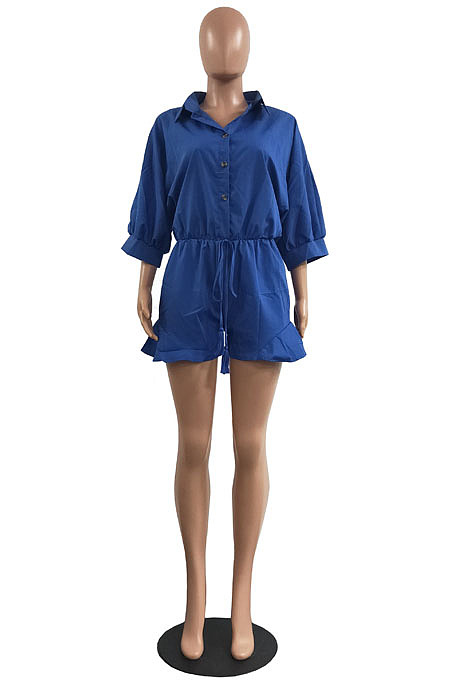 Hot Sales Women Half Sleeve Lapel Neck Single-Breasted Waisted Bandage Solid Color Romper Shorts H1799