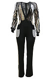 Euramerican Women Sequins Spliced Deep V Collar Perspectivity Pocket Wide Leg Jumpsuits CCY9576