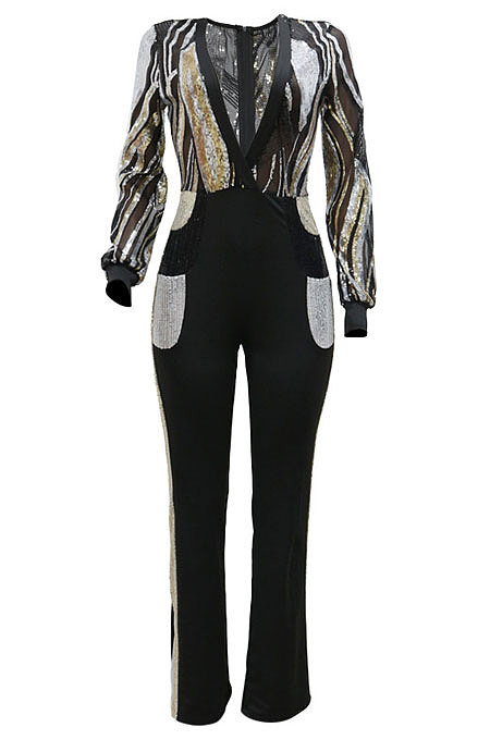 Euramerican Women Sequins Spliced Deep V Collar Perspectivity Pocket Wide Leg Jumpsuits CCY9576