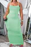 Euramerican Women Condole Belt Solid Color Bodycon Long Dress NK273