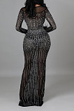Fashion Sexy Long Sleeve Round Collar Feather Hip Hot Drilling Long Dress CCY9578