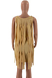 Sexy Nigh Club Cotton Blend Sleeveless Tassel Bodycon Solid Color Tank Hip Dress LM88832