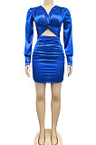 Fashion Women Sexy Pure Color Long Sleeve Hollow Out Ruffle Hip Mini Dress XZ5583