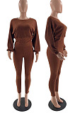 Euramerican Women Club Pure Color Woolen Batwing Sleeve Round Neck Collect Waist Tops Skinny Pants Fashion Suits LM88825