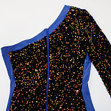 Trendy Sexy Women Oblique Shoulder Sequins PU Hip Skinny Bodycon Jumpsuits CCY9585