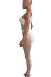 Euramerican Women Mesh Spaghetti Milk Silk Spliced Hollow Out Bodycon Jumpsuits NK269