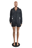 Whoelsale Simple Women Long Sleeve Lapel Neck Single-Breasted Collect Waist Bandage Shirts Romper Shorts H1800