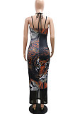 Trendy Casual Condole Belt Halter Neck Tiger Printing Perspectivity Hip Split Long Dress CCY9574