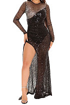 Euramerican Sexy Perspectivity Mesh Spaghetti Hot Drilling Spliced Irregular High Split Long Dress CCY9606