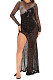 Euramerican Sexy Perspectivity Mesh Spaghetti Hot Drilling Spliced Irregular High Split Long Dress CCY9606