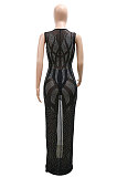 Women Perspectivity Hot Drilling Sleeveless Split Long Dress No Underwear CCY9598