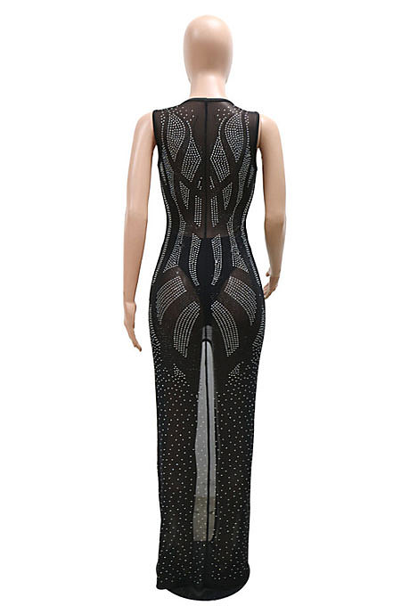 Women Perspectivity Hot Drilling Sleeveless Split Long Dress No Underwear CCY9598