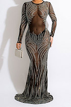 Women Fashion Sexy Long Sleeve Bling Bling Perspectivity Hip Fishtail Skirt Long Dress No Underwera CCY9577