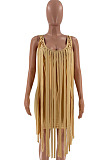 Sexy Nigh Club Cotton Blend Sleeveless Tassel Bodycon Solid Color Tank Hip Dress LM88832