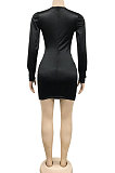 Fashion Women Sexy Pure Color Long Sleeve Hollow Out Ruffle Hip Mini Dress XZ5583