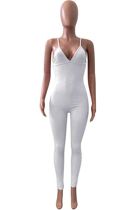 Euramerican Women Ribber Condole Belt Backless Bodycon Jumpsuits NK270
