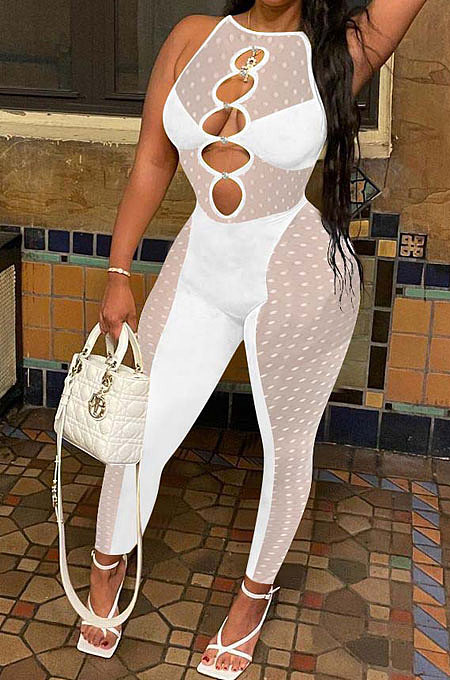 Euramerican Women Mesh Spaghetti Milk Silk Spliced Hollow Out Bodycon Jumpsuits NK269