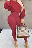 Euramerican Women Club Pure Color Woolen Batwing Sleeve Round Neck Collect Waist Tops Skinny Pants Fashion Suits LM88825