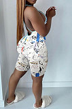 Women Milk Solk Printing Backless Condole Belt Romper Shorts NK271