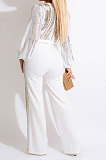 Euramerican Women Sequins Spliced Deep V Collar Perspectivity Pocket Wide Leg Jumpsuits CCY9576