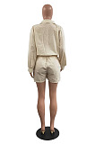 Whoelsale Simple Women Long Sleeve Lapel Neck Single-Breasted Collect Waist Bandage Shirts Romper Shorts H1800