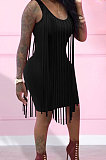 Sexy Nigh Club Cotton Blend Sleeveless Tassel Bodycon Solid Color Tank Hip Dress LM88832