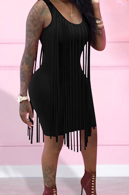 Sexy Nigh Club Cotton Blend Sleeveless Tassel Bodycon Solid Color Tank Hip Dress LM88832