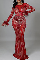 Fashion Sexy Long Sleeve Round Collar Feather Hip Hot Drilling Long Dress CCY9578