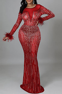 Fashion Sexy Long Sleeve Round Collar Feather Hip Hot Drilling Long Dress CCY9578