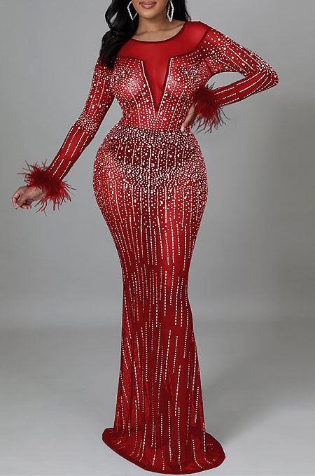 Fashion Sexy Long Sleeve Round Collar Feather Hip Hot Drilling Long Dress CCY9578