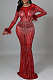 Fashion Sexy Long Sleeve Round Collar Feather Hip Hot Drilling Long Dress CCY9578