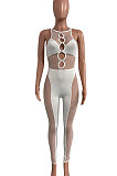 Euramerican Women Mesh Spaghetti Milk Silk Spliced Hollow Out Bodycon Jumpsuits NK269