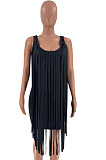 Sexy Nigh Club Cotton Blend Sleeveless Tassel Bodycon Solid Color Tank Hip Dress LM88832