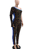 Trendy Sexy Women Oblique Shoulder Sequins PU Hip Skinny Bodycon Jumpsuits CCY9585