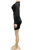 Fashion Women Sexy Pure Color Long Sleeve Hollow Out Ruffle Hip Mini Dress XZ5583