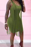 Sexy Nigh Club Cotton Blend Sleeveless Tassel Bodycon Solid Color Tank Hip Dress LM88832