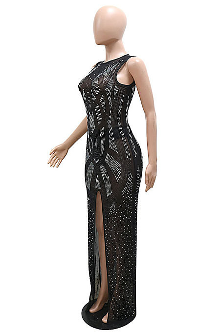 Women Perspectivity Hot Drilling Sleeveless Split Long Dress No Underwear CCY9598