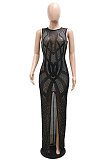 Women Perspectivity Hot Drilling Sleeveless Split Long Dress No Underwear CCY9598