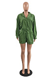 Whoelsale Simple Women Long Sleeve Lapel Neck Single-Breasted Collect Waist Bandage Shirts Romper Shorts H1800