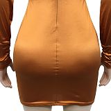 Fashion Women Sexy Pure Color Long Sleeve Hollow Out Ruffle Hip Mini Dress XZ5583