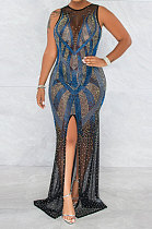 Women Perspectivity Hot Drilling Sleeveless Split Long Dress No Underwear CCY9598